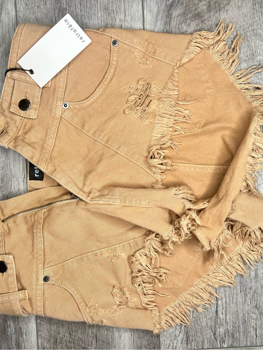 Retrofete Tan Frayed Denim Jean Shorts